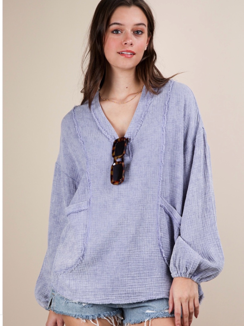 Very J Plus Washes Cotton Gauze Oversized Top in Blue